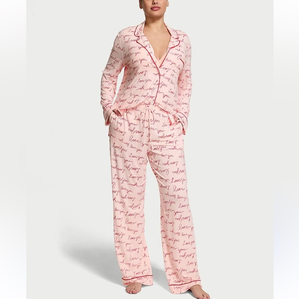 VS So Soft Modal Love You Script Pajama Set Pink Red Oversized Boyfriend Style